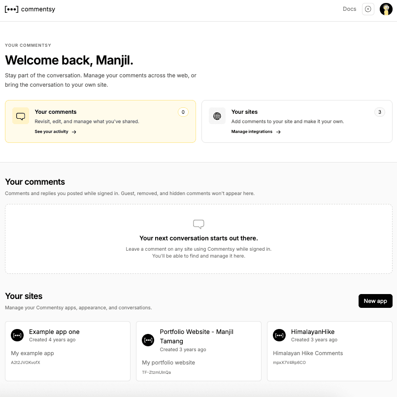 Commentsy dashboard with personal comment activity and connected sites